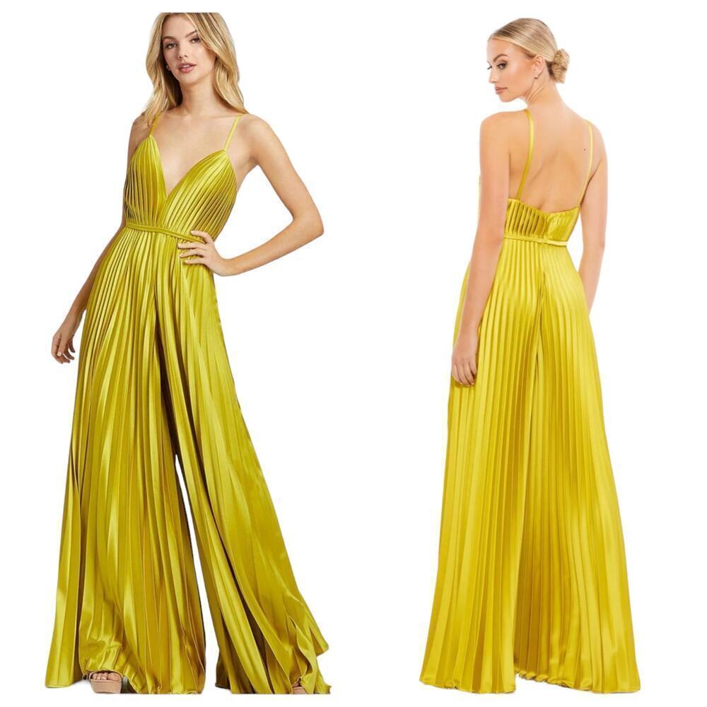 Mac Duggal Pleated Plunge Neck Wide Leg Open Back Jumpsuit In Chartreuse 12 NWT